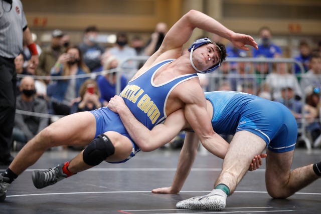 BGA's Jack Revere, left, wretles McCallie's James Whitworth during their TSSAA Division-II state wrestling tournament 170-lb championship bout at the Chattanooga Convention Center on Thursday, Feb. 25, 2021, in Chattanooga, Tenn.