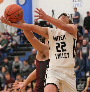 Water Valley High School's Canon Wiese goes up for a shot in a 2021 playoff game against Rankin in this file photo.