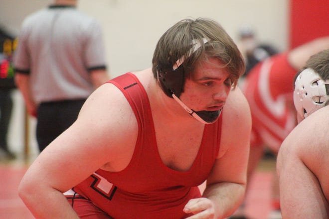Crestview's Hayden Morse competes in a heavyweight match on the second day of the Division III Plymouth Sectional on Saturday at Plymouth High School. Morse won the heavyweight title.