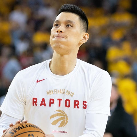 Jeremy Lin warms up before the 2019 NBA Finals.