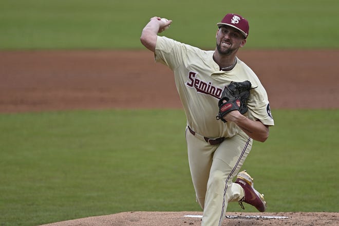FSU pitcher Conor Grady, here against Pitt on Feb. 28, 2021, fanned 10 in Sunday's home win over UNC.