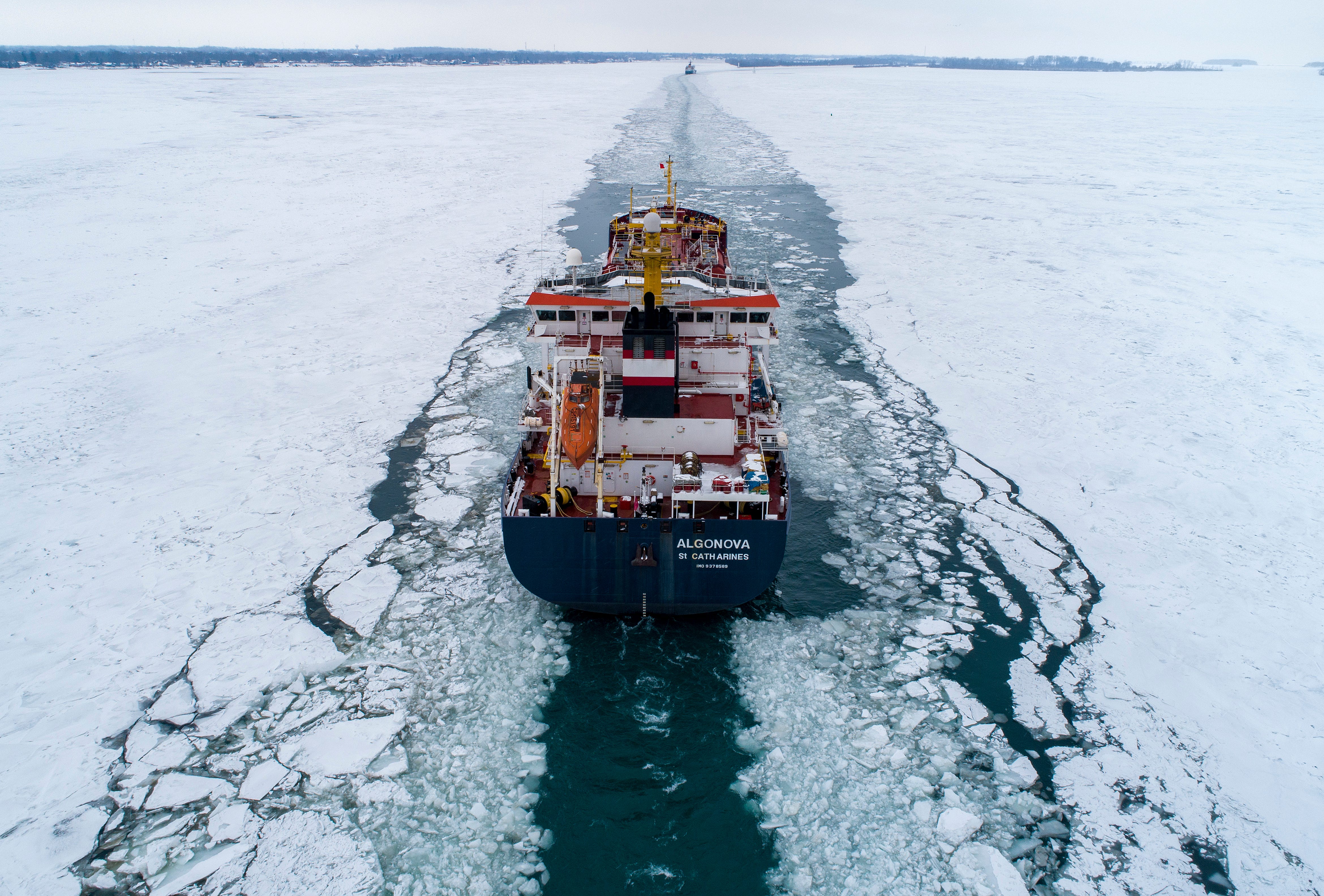 Ice breaking on the Great Lakes from above