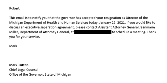 Mark Totten, Gov. Gretchen Whitmer's chief legal counsel, floated the idea of an "executive separation agreement" with Robert Gordon, the former director of the Department of Health and Human Services, in an email on Jan. 22, 2021.