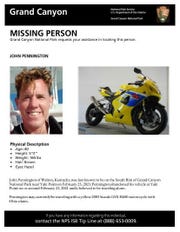 A missing person flyer issued by the National Park Service for John Pennington.