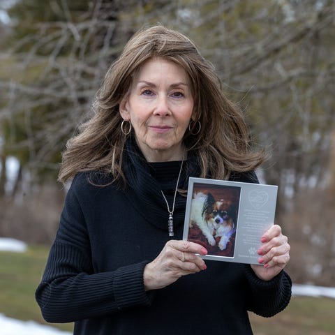 Rhonda Bomwell of Somerset holds a photograph as s