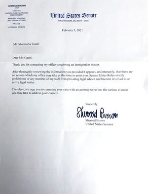 A letter that Sharmarke Gaani received after reaching out to Sen. Sherrod Brown about being detained in Saudi Arabia