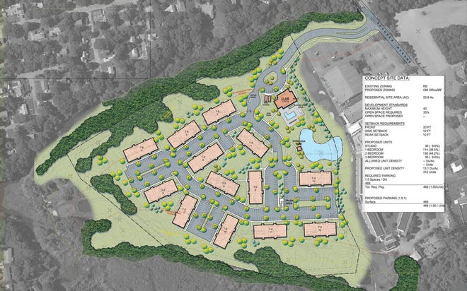 A conceptual site plan submitted to the Cape Cod Commission by LMC, a developer hoping to build a 312-unit apartment complex at the current site of the Twin Brooks Golf Course in Hyannis.