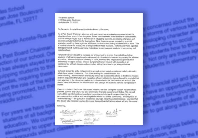 One week before The Bolles School announced it would discontinue part of its racial theory curriculum because of community "angst," five donors sent a letter stating the school's funding was at risk if they proceeded with the lessons.