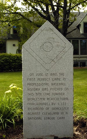 The memorial on the Becker Worcester campus to J. Lee Richmond's first-ever perfect game thrown in professional baseball in 1880.