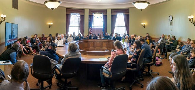 Sen. Melissa Agard, D-Madison, took this photo of dozens of people waiting to testify in an Assembly committee hearing packed into a small room on Wednesday.