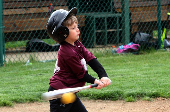 Easton John of Freeport hits the ball on May 7, 2019, at Little Cubs Field in Freeport. After a year interrupted by the coronavirus, Freeport Little League is set to return this spring.