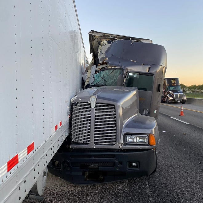 A tractor-trailer sustained heavy damage early on Friday, March 5, 2021, in a crash on Florida's Turnpike near West Atlantic Avenue in suburban Delray Beach.