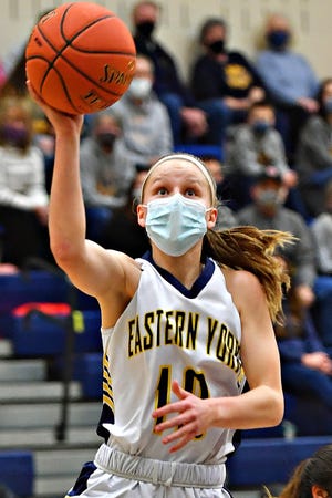 Abby Henise, seen here in a file photo, had 14 points for unbeaten Eastern York on Tuesday night in a 59-50 win over West York.