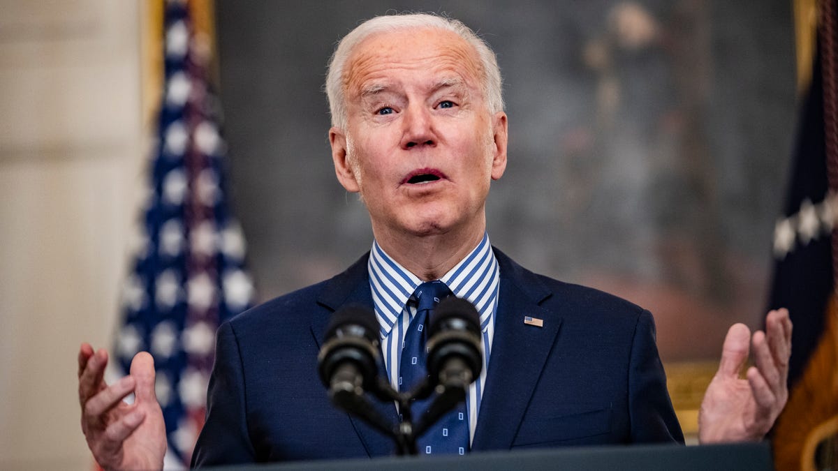 President Joe Biden speaks from the State Dining Room following the passage of the American Rescue Plan in the U.S. Senate at the White House on March 6, 2021 in Washington D.C.