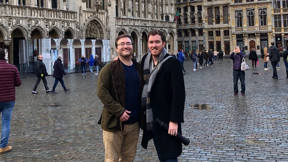 Harper Hornaday, left, and his husband, Matt Lardie, visited Brussels, Belgium in January 2020, right as the coronavirus that causes COVID-19 was beginning to spread across Europe and the U.S.
