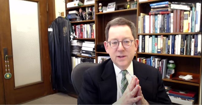 UO President Michael Schill speaks to the Board of Trustees via Zoom, March 8, 2021.