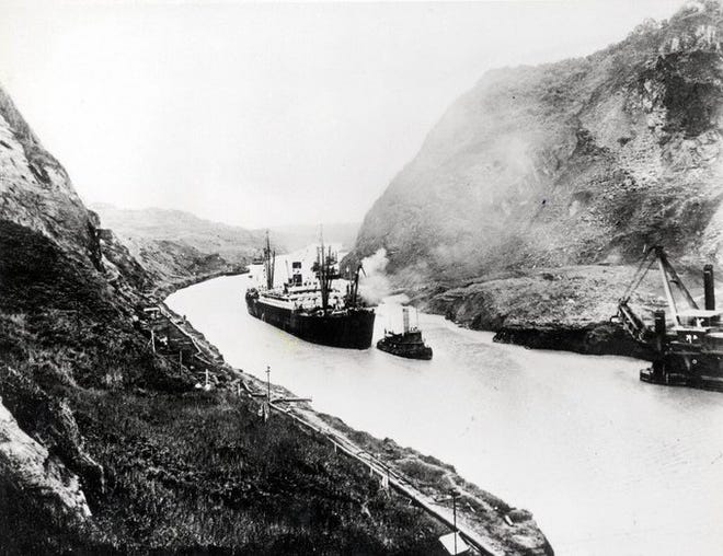 Panama Line steamer USS Ancon sails through the Panama Canal in August 1914.