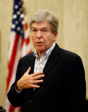 Roy Blunt speaks to the media about his decision not to run again for the U.S. Senate in 2022 at Springfield-Branson National Airport on March 8, 2021.