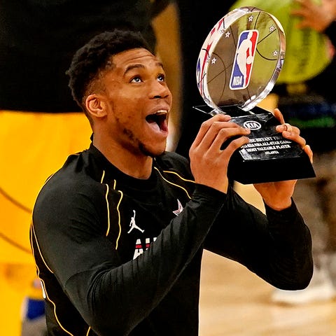 Giannis Antetokounmpo celebrates his first All-Sta