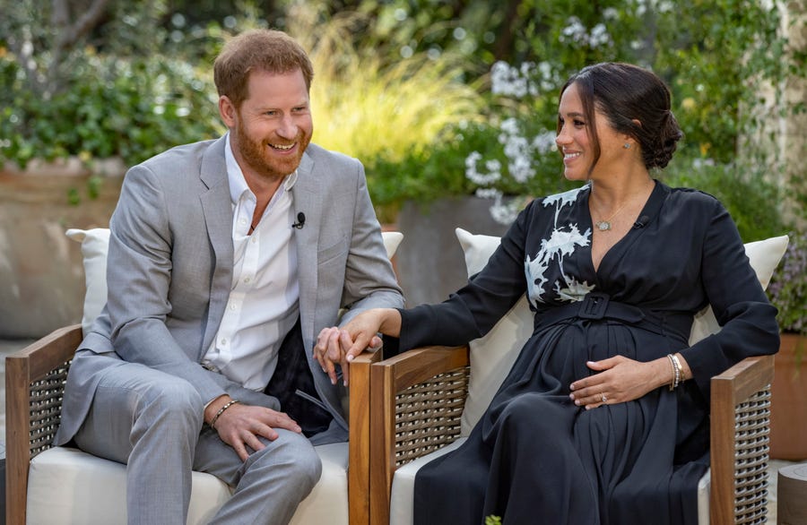 This image provided by Harpo Productions shows Prince Harry and Duchess Meghan speaking about expecting their second child during an interview with Oprah Winfrey.