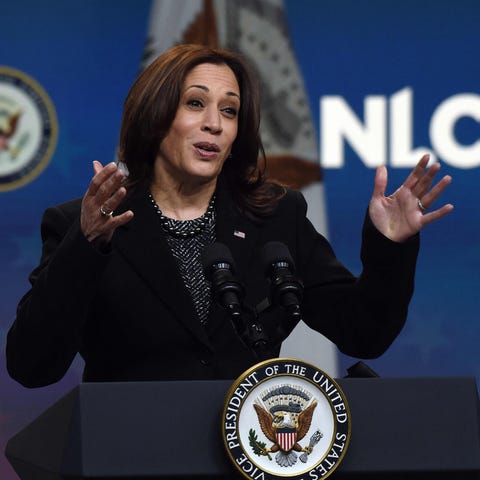 US Vice President Kamala Harris delivers remarks t