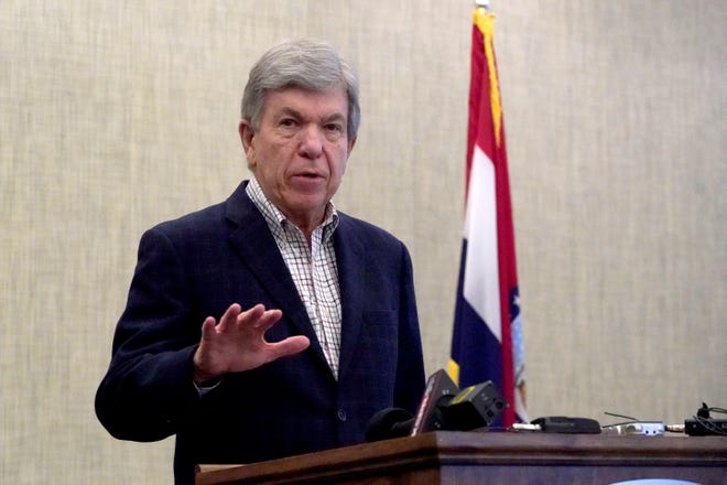 In this March 8, 2021, photo, Sen. Roy Blunt, R-Mo., holds a news conference at Springfield-Branson National Airport as he announces he will not seek a third term in the U.S. Senate in 2022. (AP Photo/Jeff Roberson)