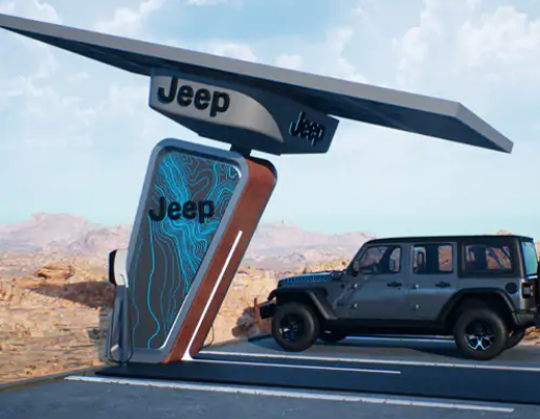 A rendering of a solar-powered charging station on Jeep's website promotes the brand's plans to install the infrastructure at offroading trails.