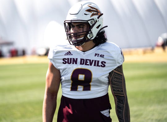 Arizona State junior linebacker Merlin Robertson focuses during a spring football workout March 8, 2021 in Tempe.