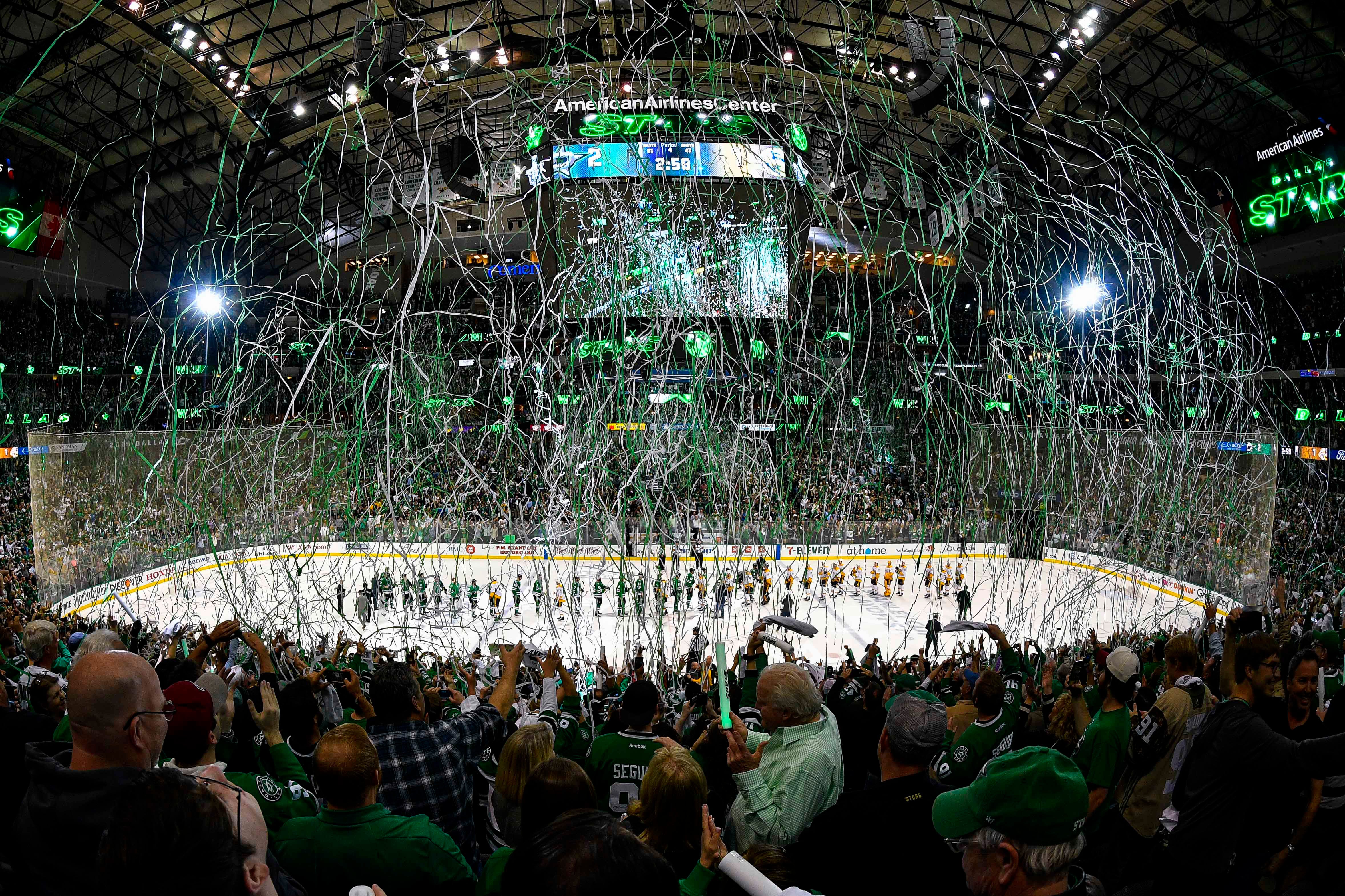 The Dallas Stars fans celebrate the win over the Nashville Predators during the overtime period in game six of the first round of the 2019 Stanley Cup Playoffs at American Airlines Center on April 22, 2019.