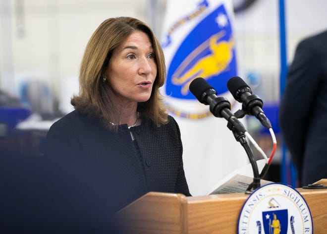 Lt. Gov. Karyn Polito speaks during the news conference at the N95 mask manufacturing facility operated by the Shawmut Corporation and Fallon Company in West Bridgewater on Wednesday, March 10, 2021.