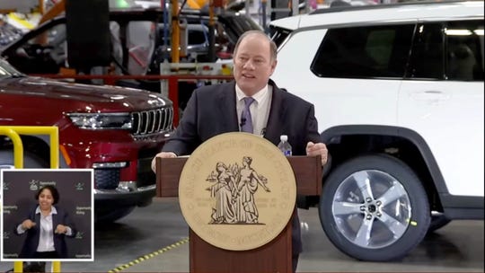 Detroit Mayor Mike Duggan delivers his State of the City address Tuesday at Stellantis' new $1.6 billion Mack Assembly Plant on the city's east side.