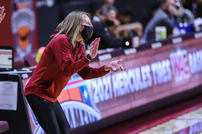 Headcoach Brooke Atkinson stands on the sidelines as the New Mexico State Women’s basketball team faces off against Seattle University at The Orleans Arena in the quarterfinals of the WAC Tournament in Las Vegas on Wednesday, March 10, 2021.