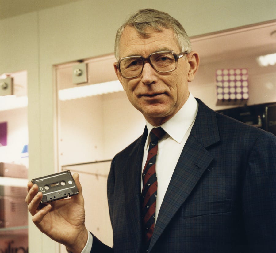 Lou Ottens, who oversaw the creation of the compact cassette tape, when he was head of Philips Electronics' product development department, with the first audiocassette.