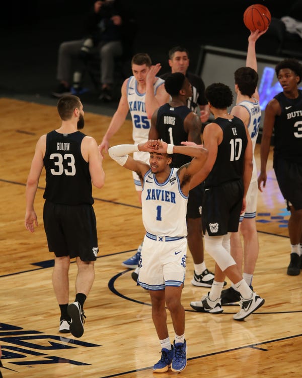 Xavier Musketeers guard Paul Scruggs (1) reacts after being called for a foul during the second half of a Big East conference tournament game against the Butler Bulldogs at Madison Square Garden on March 10.