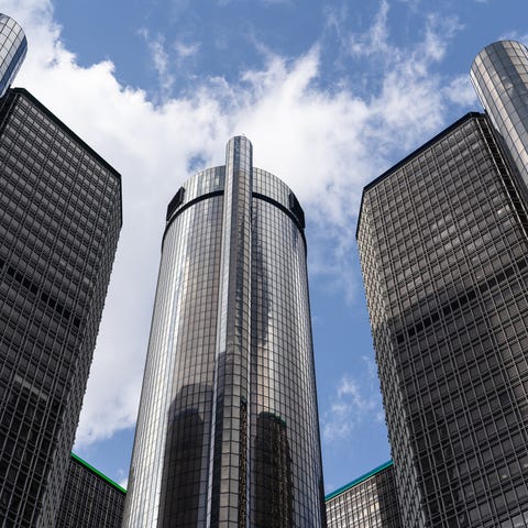 The Renaissance Center in downtown Detroit sits in