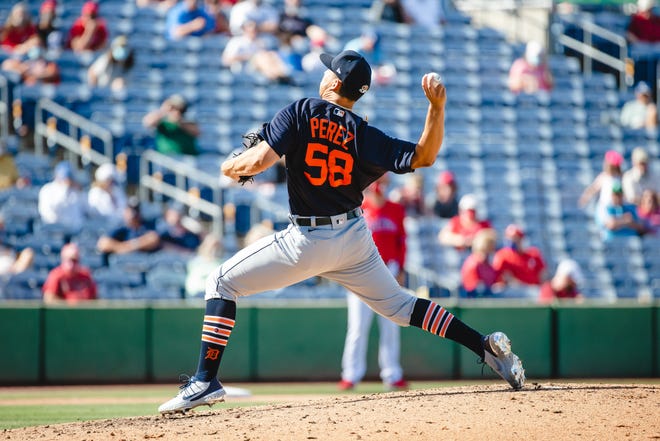Detroit Tigers' Franklin Perez pitches against the Philadelphia Phillies at BayCare Ballpark in Clearwater, Florida on March 10, 2021.