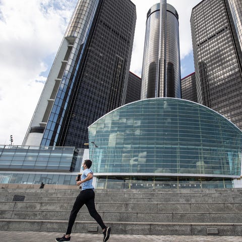 The Renaissance Center in downtown Detroit sits in
