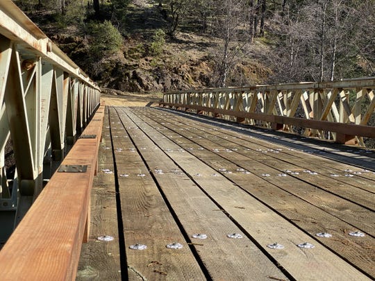Restoration and rebuilding at Whiskeytown National Recreation Area from March 2021. Some wood fixtures on the Peltier Bridge were replaced with pressure-treated lumber.