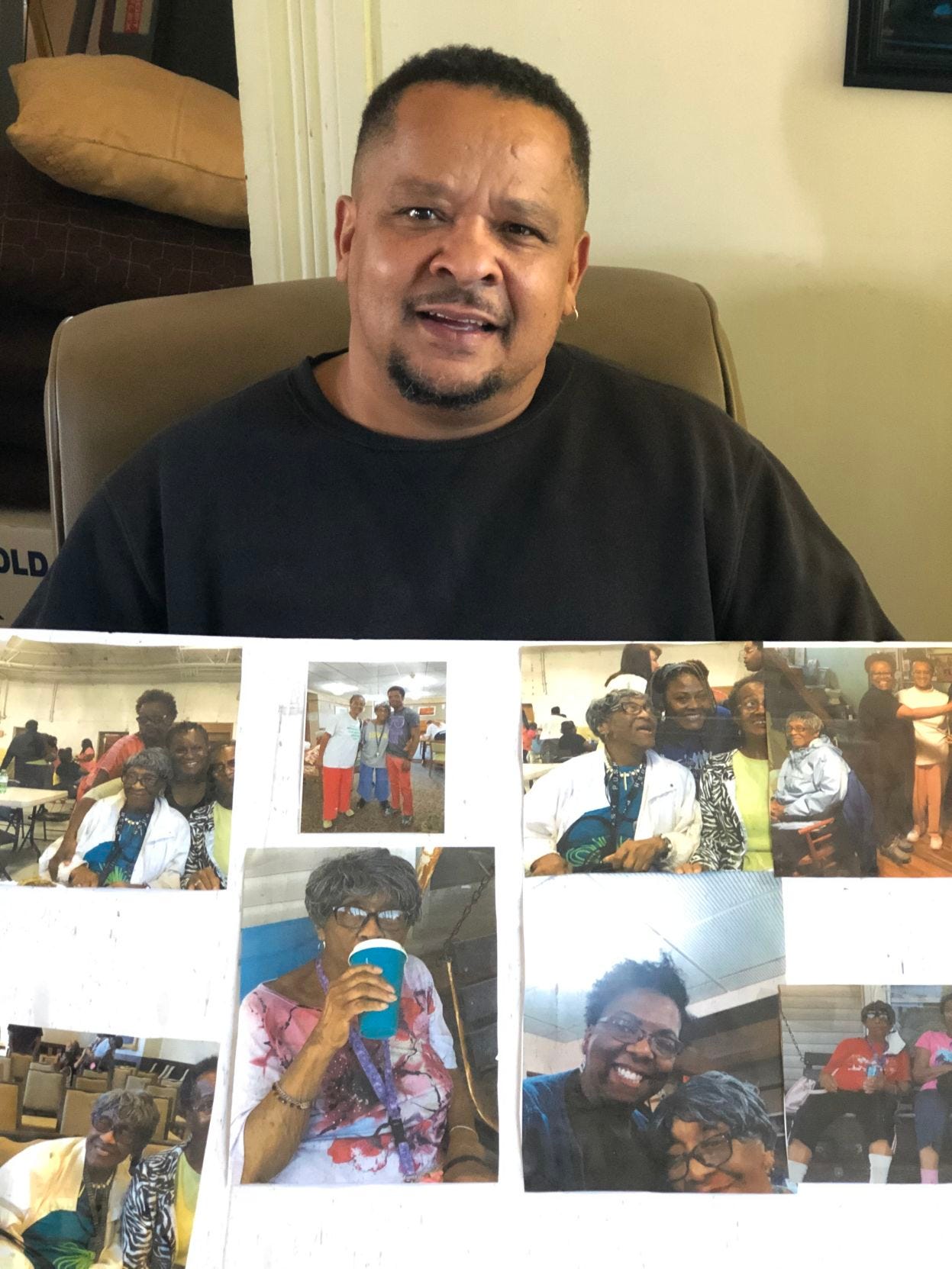 Michael Lowery with pictures of his grandmother, Helen Mae Lowery, who died of COVID-19 in Davenport in October. His grandmother was a good, old soul, he says.