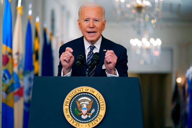 President Joe Biden speaks about the COVID-19 pandemic during a prime-time address from the East Room of the White House, Thursday, March 11, 2021, in Washington. (AP Photo/Andrew Harnik)