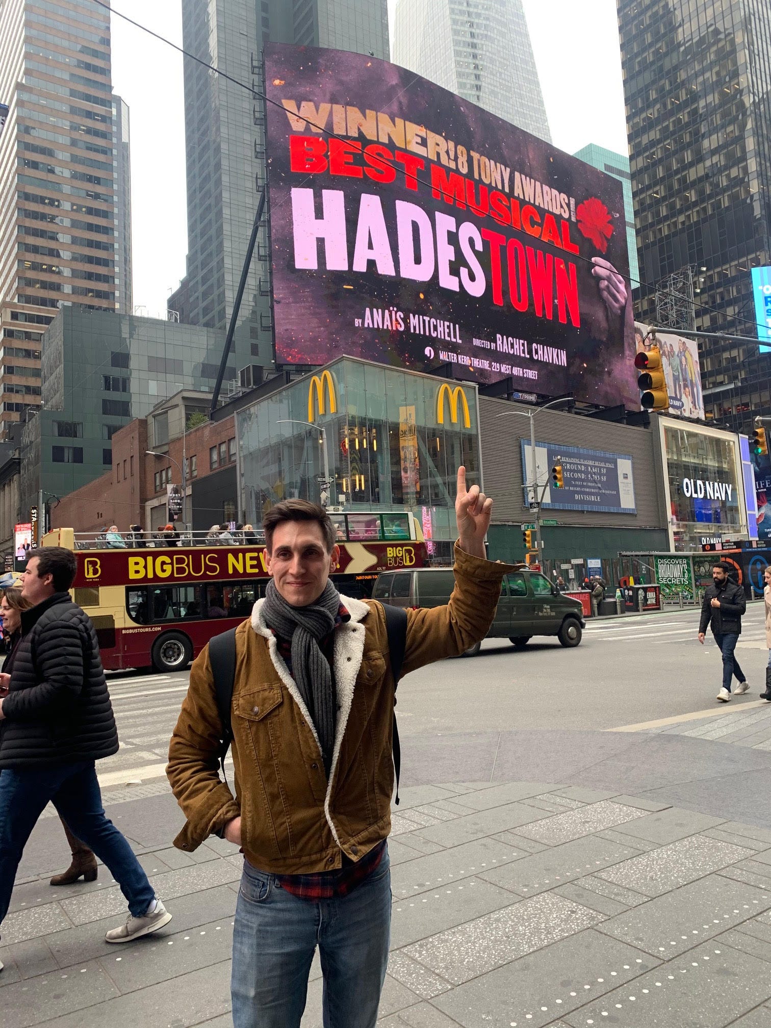 Broadway actor John Krause poses in front of the “Hadestown” billboard in Times Square just hours before his scheduled debut in the role of Orpheus. “It’s a very special moment in anyone’s career so everyone was very excited. I had friends and family coming in and people had tickets for the whole week,” Krause said.
