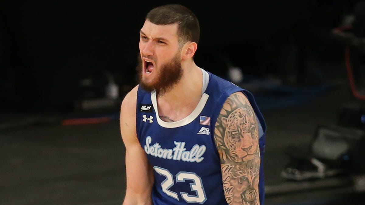 Seton Hall Pirates forward Sandro Mamukelashvili (23) reacts during the second half of a Big East tournament game against the St. John Red Storm at Madison Square Garden.