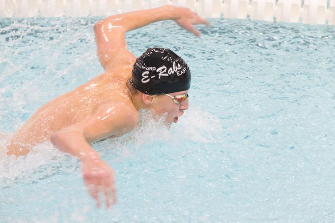 East sophomore Camden Taylor broke the 26-year-old record by Freeport's Mike Miller in the 100-yard butterfly with a time of :51.97 at Saturday's NIC-10 swim meet at Jefferson. Taylor won all four events he entered in NIC-10 record times.