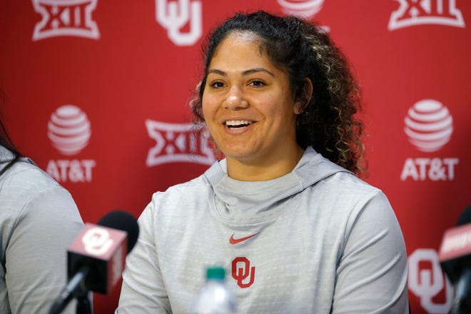 Oklahoma softball player Jocelyn Alo continued to show her powerful bat during a doubleheader sweep of Liberty on Sunday. Alo leads the nation in home runs.