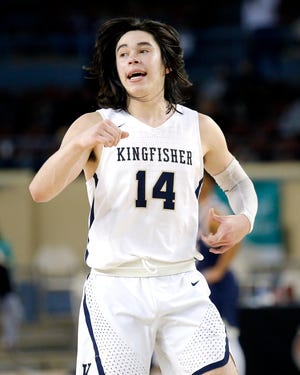 Kingfisher's Bijan Cortes (14) reacts during the Class 4A boys high school basketball state championship game between Heritage Hall and Kingfisher in State Fair Arena at OKC Fairgrounds in Oklahoma City, Saturday, March 13, 2021.