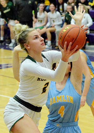 Roncalli's Madelyn Bragg heads to the hoop against Hamlin in the Class A state championship game March 13 in Watertown. Public Opinion file photo