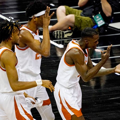 Texas Longhorns guard Andrew Jones (1) celebrates 