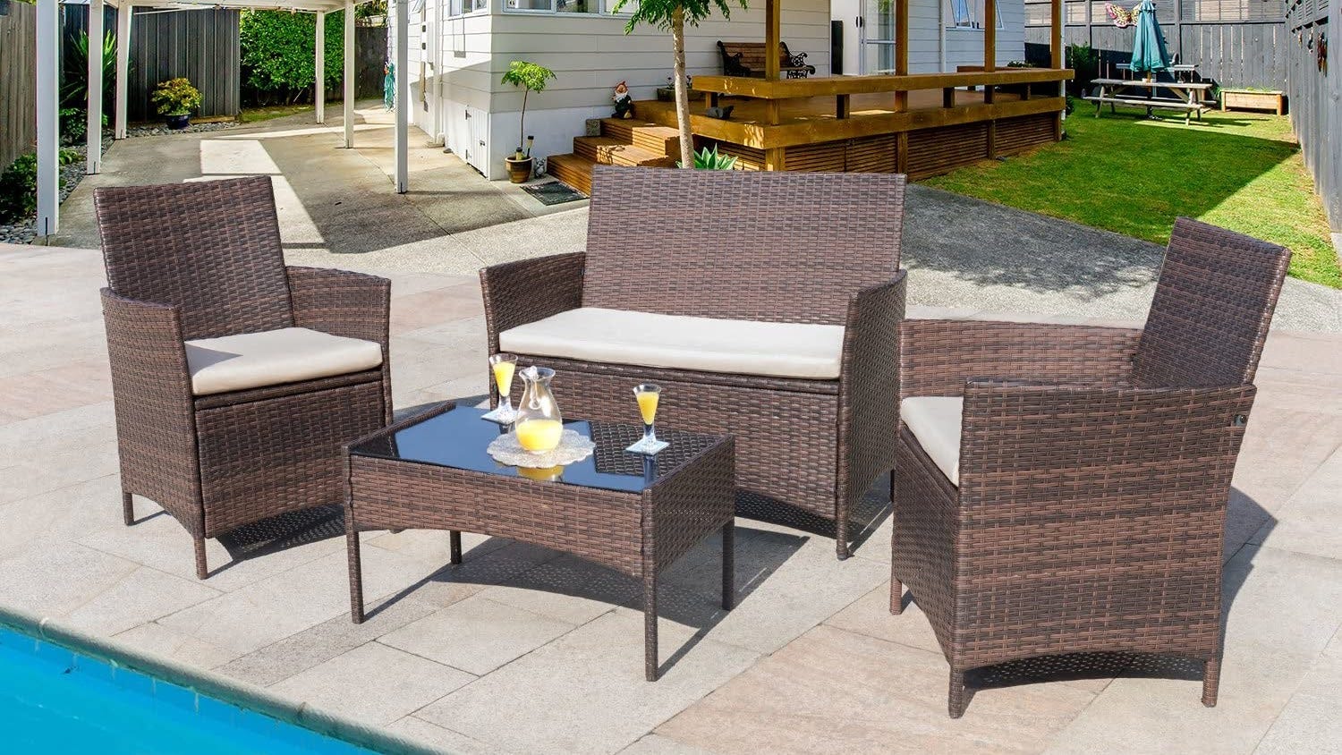 Grey CASTAIN Rattan Garden Furniture Set Outdoor Lounge Poolside Family Lawn Furniture 4 Piece Set Table Chair Sofa Patio