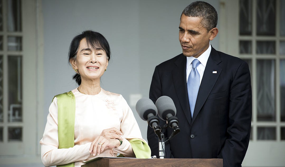 President Barack Obama and Myanmar pro-democracy leader Aung San Suu Kyi hold a news conference at her residence in Yangon, on Nov. 19, 2012.