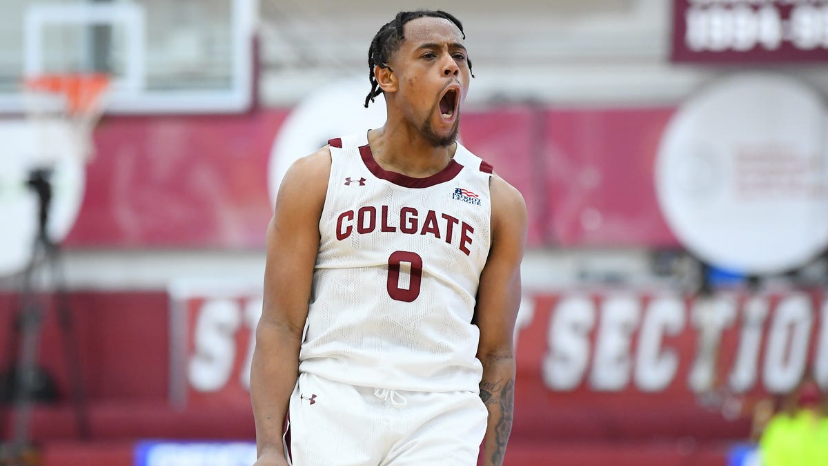Colgate Raiders guard Nelly Cummings (0) reacts to a play against the Loyola (Md) Greyhounds during the second half of the Patriot League Conference Championship game at Cotterell Court.